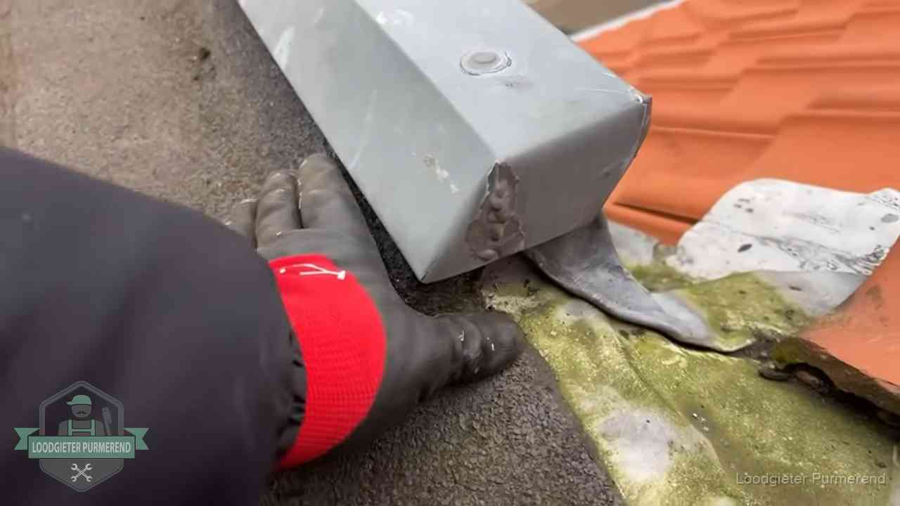 Controle van een zinken hemelwaterafvoer met loodslab bij dakpannen in Purmerend